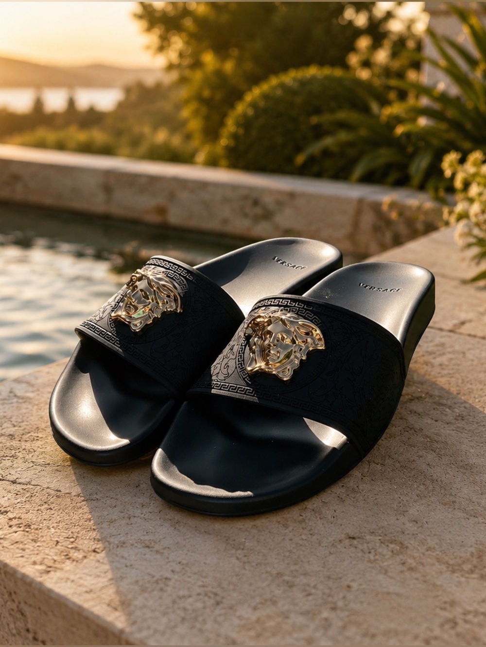 Versace Black Slides Gomma with Gold Medusa
